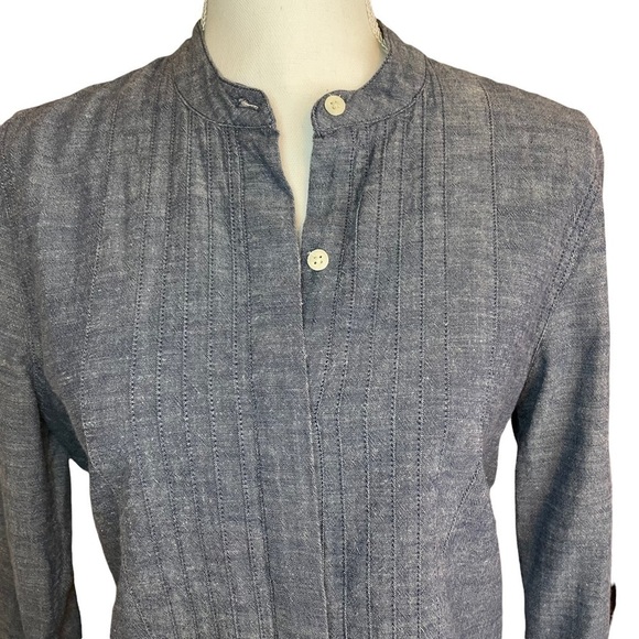 Lucky Brand Chambray Blue Jean Tuxedo Mandarin Collar Button Down Shirt Size Med - Picture 2 of 12